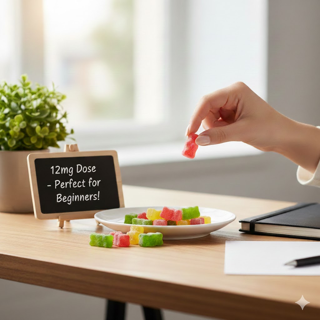 30ct CBD Gummy Bears 350mg | Pure THC-Free Relief | CBDFlex 5 Woman smiling while holding a plate of 350mg CBD gummy bears, 30ct THC-free hemp gummies for daily stress relief.