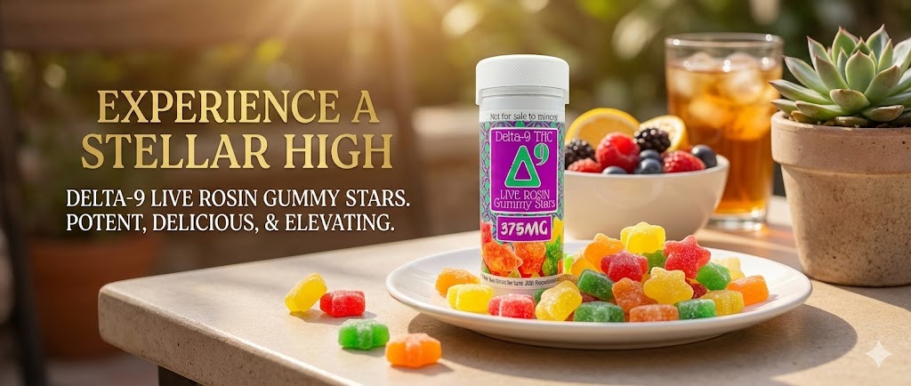 Delta-9 THC Gummy Stars | 350mg & 375mg Potent Edibles - CBDflex 5 Panoramic banner showing the "Delta-9 THC Live Rosin Gummy Stars 375mg" bottle from image_40.png on a sunlit patio table. Star-shaped gummies are on a white plate, next to a bowl of fruit, iced tea, and a succulent. Gold text reads: "EXPERIENCE A STELLAR HIGH" and "DELTA-9 LIVE ROSIN GUMMY STARS. POTENT, DELICIOUS, & ELEVATING."