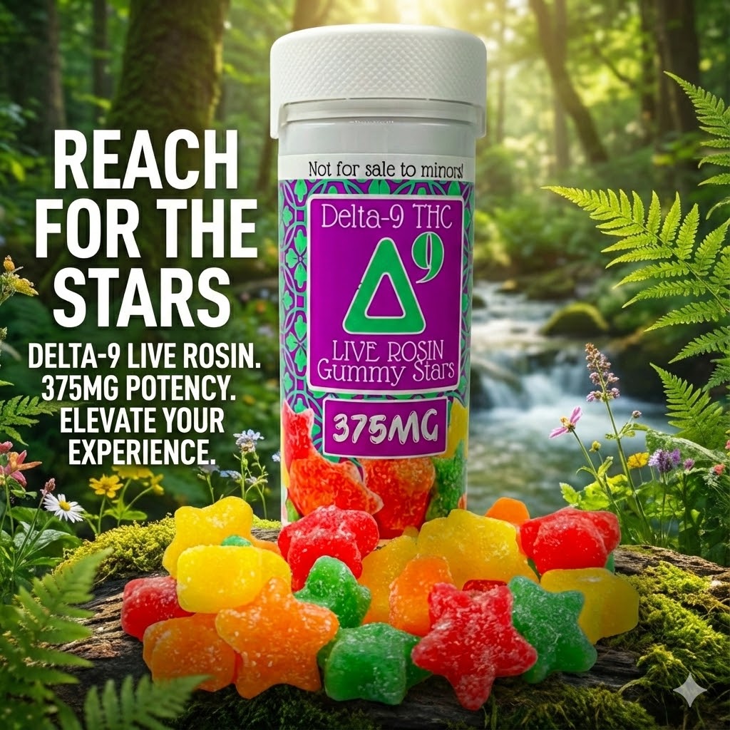 Delta-9 THC Gummy Stars | 350mg & 375mg Potent Edibles - CBDflex 2 Promotional square image for "Delta-9 THC Live Rosin Gummy Stars 375mg" bottle from image_40.png, surrounded by red, yellow, green, and orange star-shaped gummies on a white background. Purple text overlay reads: "REACH FOR THE STARS" and "DELTA-9 LIVE ROSIN. 375MG POTENCY. ELEVATE YOUR EXPERIENCE."