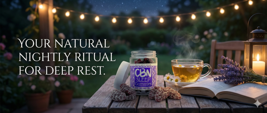 CBN Gummy Grapes 1100mg | Deep Sleep & Insomnia Relief - CBDflex 6 Panoramic banner showing a peaceful bedroom setting with purple CBN Gummy Grapes, text overlay reads SLEEP BETTER LIVE BETTER for natural sleep support.