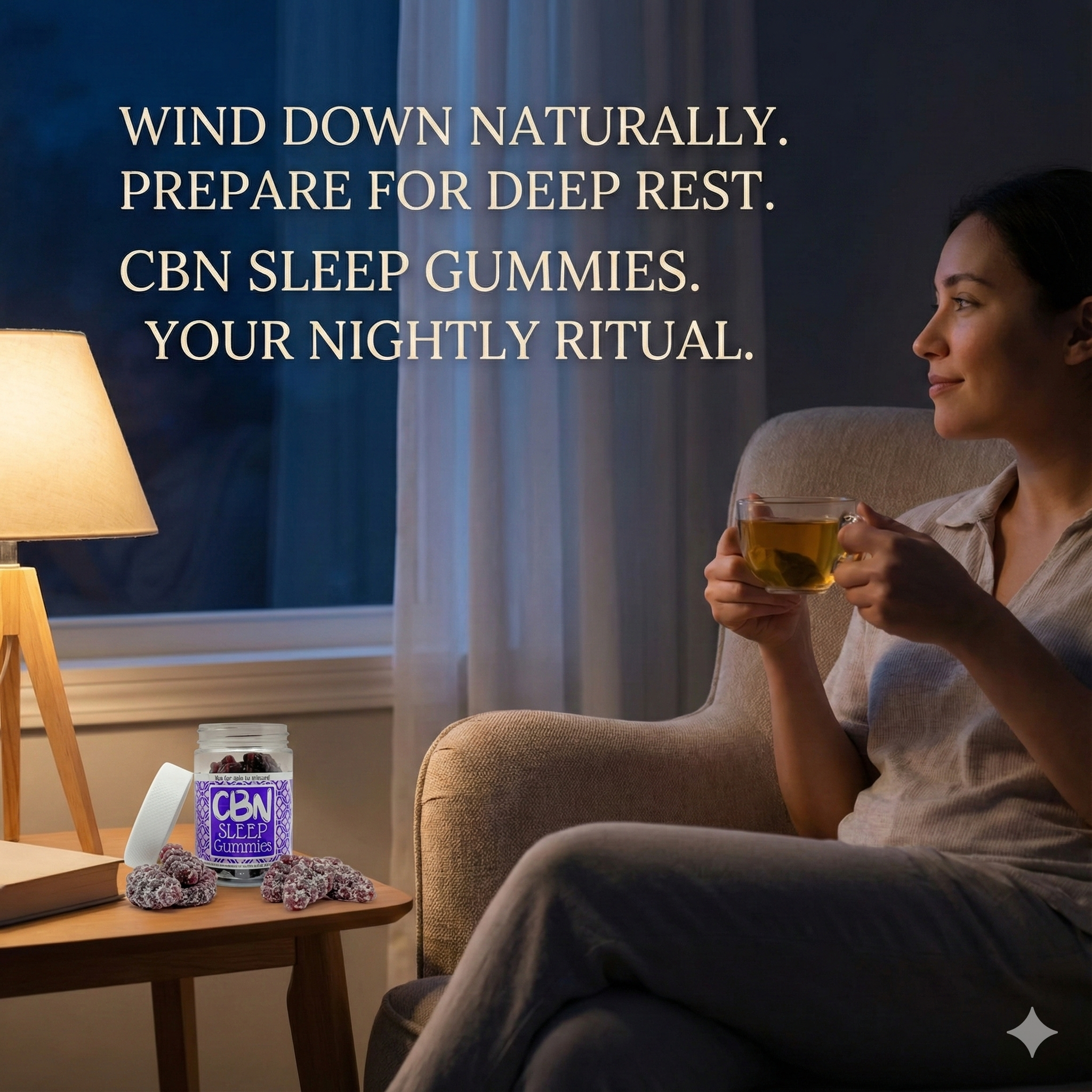 CBN Gummy Grapes 1100mg | Deep Sleep & Insomnia Relief - CBDflex 4 Woman relaxing at night in an armchair with herbal tea, next to a jar of CBDflex CBN Sleep Gummies. The image features text promoting a "nightly ritual" for "deep rest" and natural relaxation.