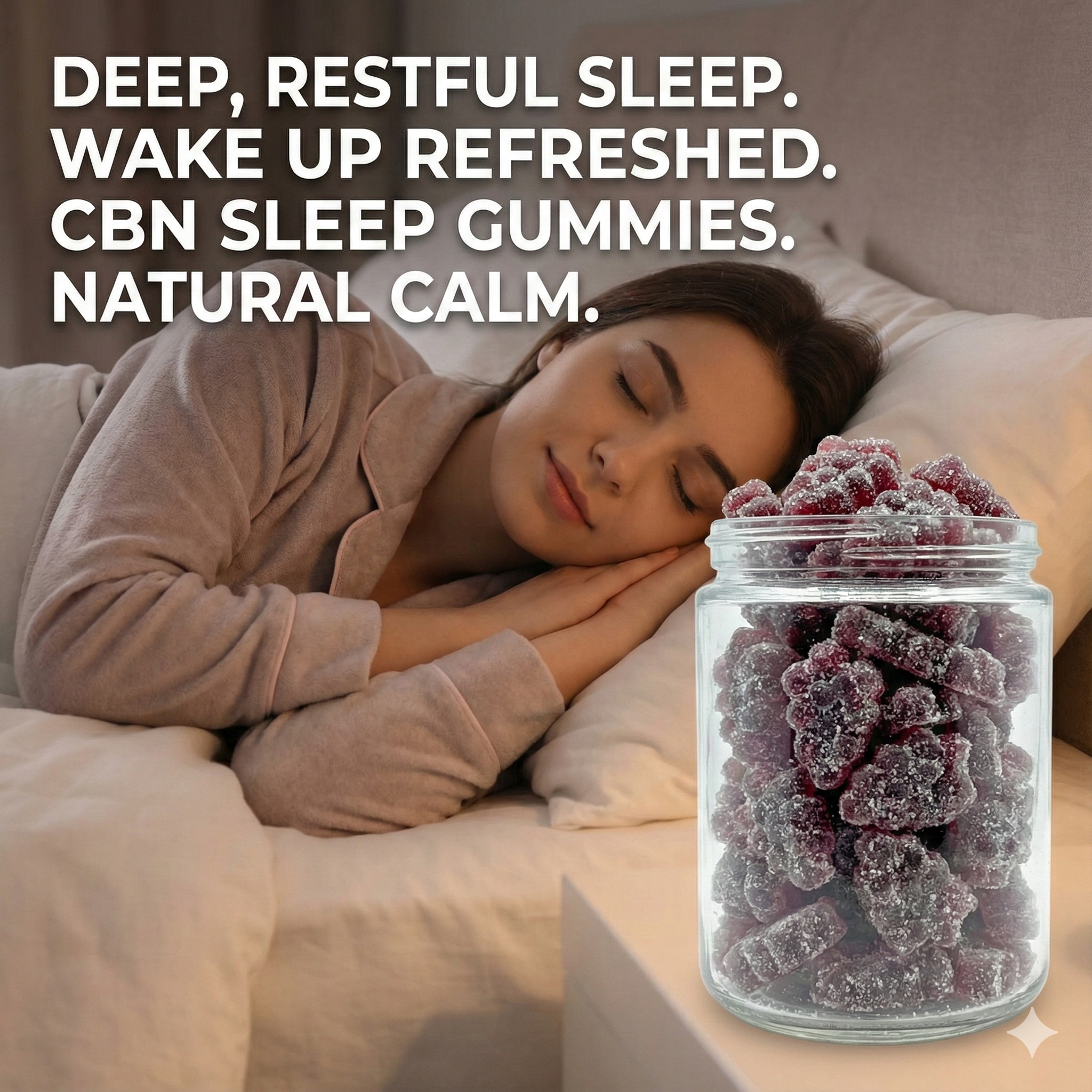 CBN Gummy Grapes 1100mg | Deep Sleep & Insomnia Relief - CBDflex 2 Young woman sleeping peacefully in pajamas next to a jar of CBDflex CBN Sleep Gummies (Grape Flavor), featuring text promoting deep restorative sleep and insomnia relief.