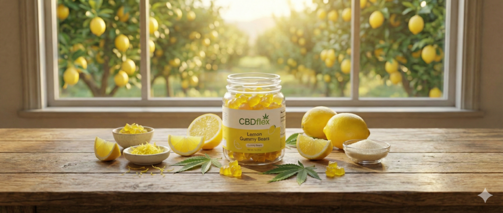 Lemon CBD Gummy Bears (350mg) | Focus & Stress Relief - CBDflex 4 Panoramic banner featuring CBDflex Lemon CBD Gummies with scattered yellow gummy bears and citrus fruits, highlighting focus and energy balance