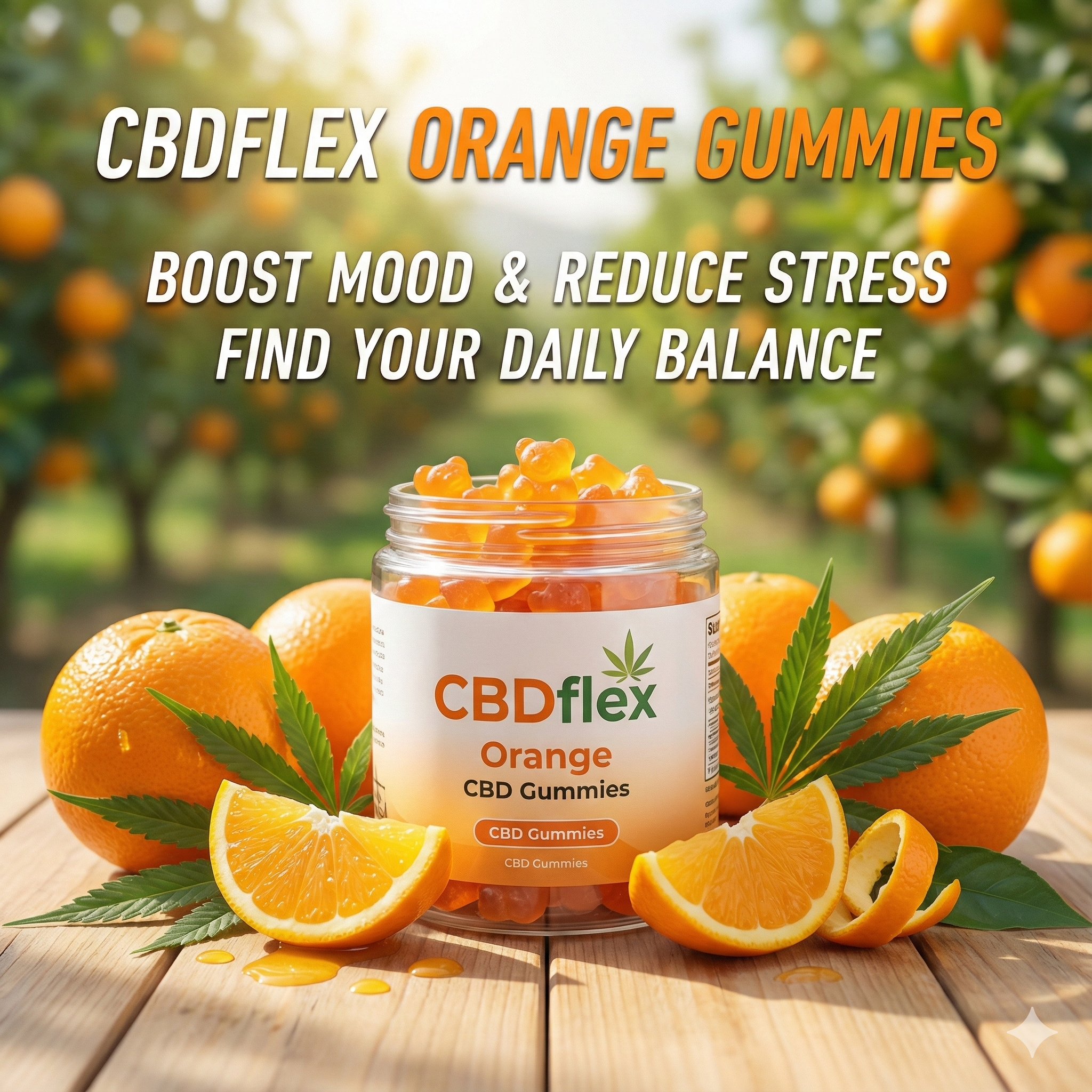 Orange CBD Gummy Bears | Mood Boost & Anxiety Relief - CBDflex 3 CBDflex Orange CBD Gummies jar surrounded by fresh oranges and hemp leaves on a sunny table, with text promoting mood boost, stress reduction, and daily balance.