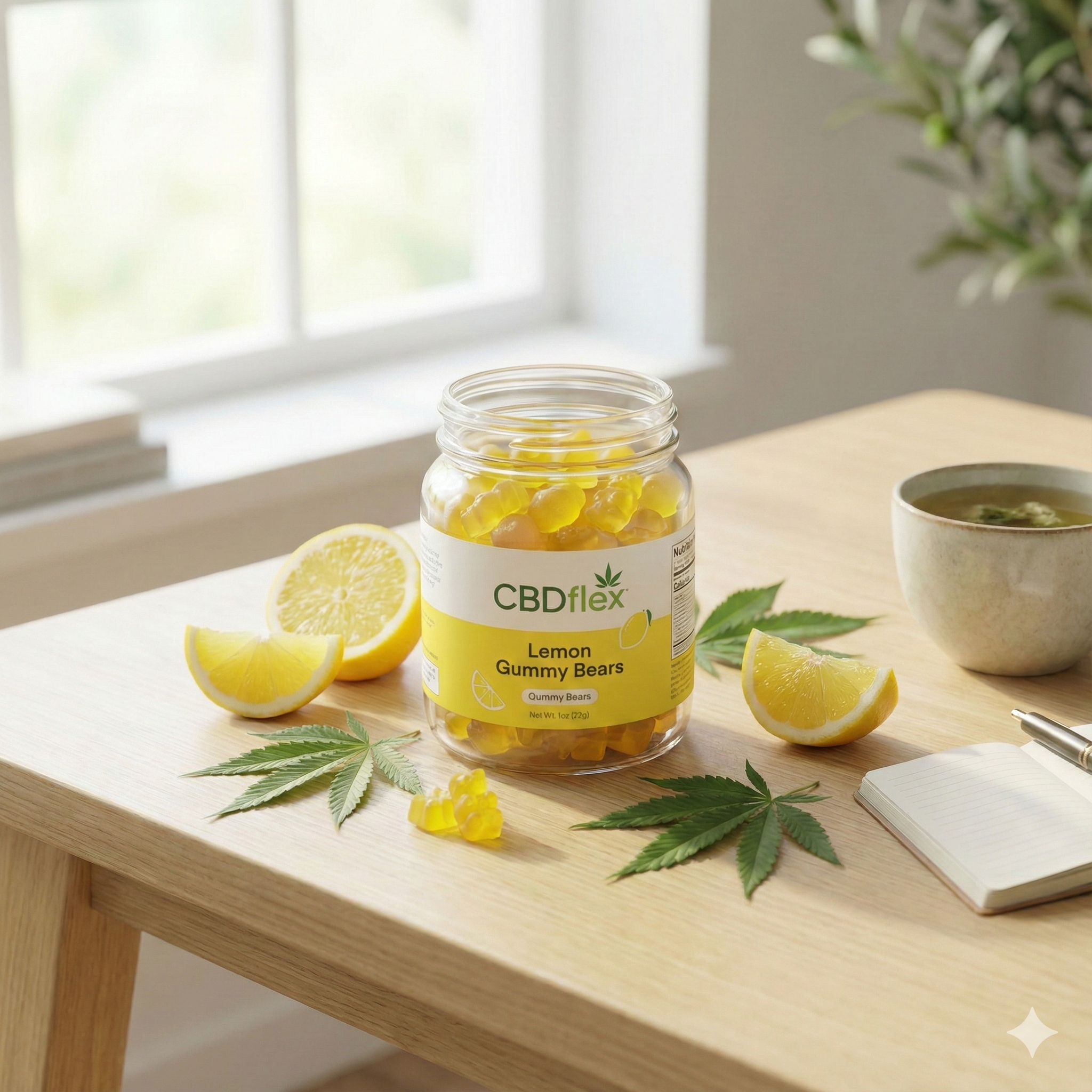 Lemon CBD Gummy Bears (350mg) | Focus & Stress Relief - CBDflex 3 CBDflex Lemon CBD Gummy Bears arranged on a minimalist white plate with fresh lemon slices, featuring text FOCUS & CLARITY for daytime energy.