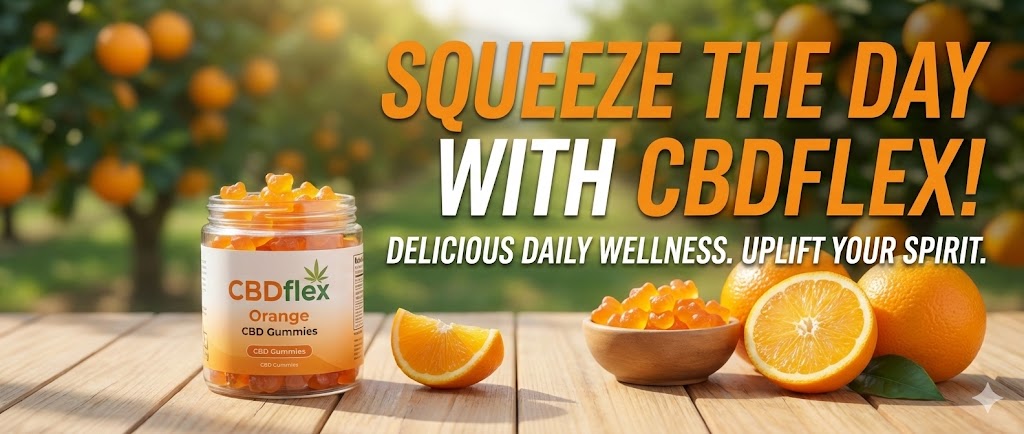 Orange CBD Gummy Bears | Mood Boost & Anxiety Relief - CBDflex 4 Panoramic banner showing CBDflex Orange CBD Gummies in an orange grove, with large text: SQUEEZE THE DAY WITH CBDFLEX! and Delicious Daily Wellness. Uplift Your Spirit.