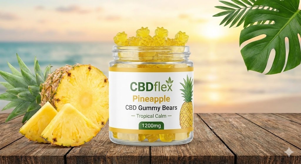 Pineapple CBD Gummy Bears | Tropical Relaxation & Stress Relief - CBDflex 3 Panoramic banner of Pineapple CBD Gummies on a tropical beach at sunset, large text reads: Escape to Paradise with CBDflex, Delicious Tropical Calm.