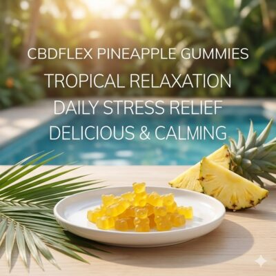 CBDflex Pineapple CBD Gummy Bears jar on a sandy beach setting with fresh pineapples and palm leaves, text reads: Tropical Relaxation, Your Daily Escape. CBDflex Pineapple CBD Gummy Bears jar on a sandy beach setting with fresh pineapples and palm leaves, text reads: Tropical Relaxation, Your Daily Escape.
