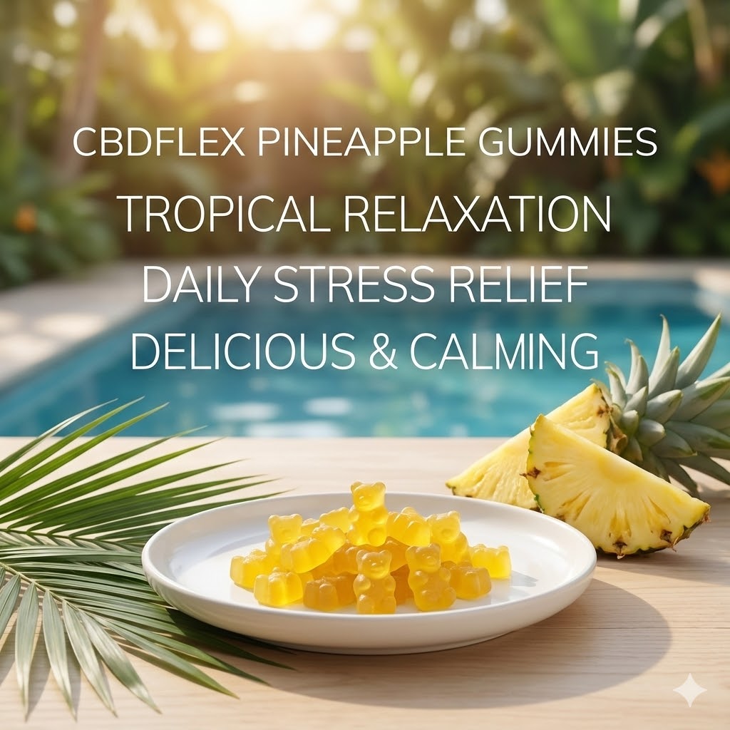 Pineapple CBD Gummy Bears | Tropical Relaxation & Stress Relief - CBDflex 2 CBDflex Pineapple CBD Gummy Bears jar on a sandy beach setting with fresh pineapples and palm leaves, text reads: Tropical Relaxation, Your Daily Escape.