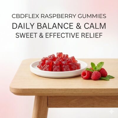 CBDflex Raspberry CBD Gummies on a white plate with fresh berries, featuring minimalist text: Daily Balance & Calm, Sweet & Effective Relief. CBDflex Raspberry CBD Gummies on a white plate with fresh berries, featuring minimalist text: Daily Balance & Calm, Sweet & Effective Relief.