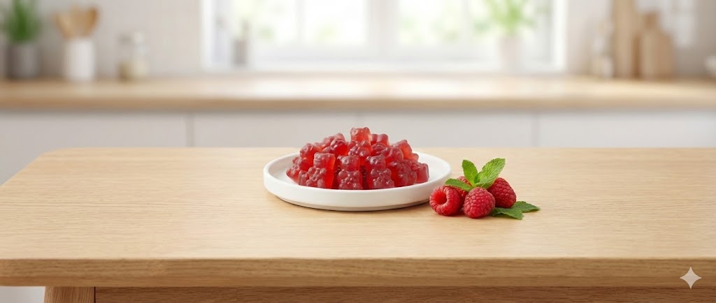 Raspberry CBD Gummy Bears | Daily Balance & Stress Relief - CBDflex 3 Panoramic banner showing a plate of CBDflex raspberry gummy bears and fresh raspberries on a sunlit kitchen counter, emphasizing natural ingredients.