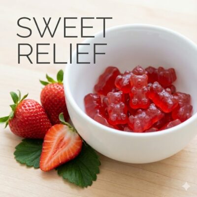 CBDflex Strawberry CBD Gummy Bears in a minimalist white ceramic bowl with fresh strawberries, featuring text Sweet Relief for daily stress management. CBDflex Strawberry CBD Gummy Bears in a minimalist white ceramic bowl with fresh strawberries, featuring text Sweet Relief for daily stress management.