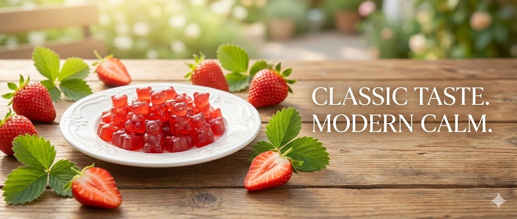 Strawberry CBD Gummy Bears | Sweet Stress Relief & Calm - CBDflex 3 Panoramic banner showing red CBD gummy bears on a white plate with fresh strawberries on a wooden table, text reads Classic Taste Modern Calm.