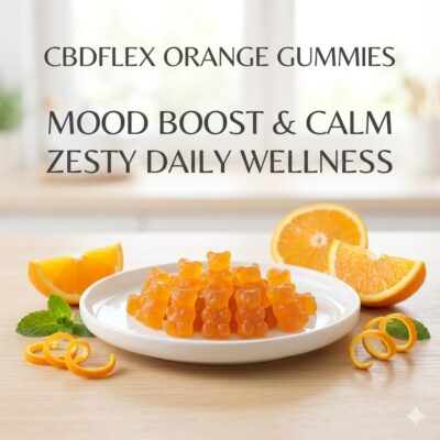 CBDflex Orange CBD Gummy Bears in a white ceramic bowl surrounded by fresh citrus, featuring text BOOST MOOD & ENERGY for uplifting daily calm. CBDflex Orange CBD Gummy Bears in a white ceramic bowl surrounded by fresh citrus, featuring text BOOST MOOD & ENERGY for uplifting daily calm.