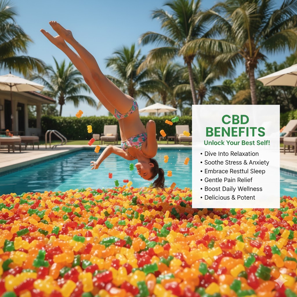 900mg CBD Gummies 2 Woman diving into a pool of colorful CBD gummy bears 900mg THC-free for stress relief and wellness.